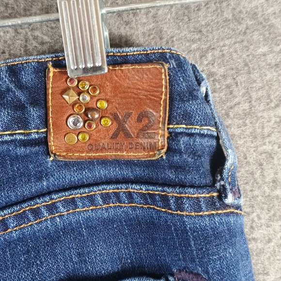 Express X2 Jeans Women 2 Ultra Low Rise Skinny Leg W01 Medium Wash Jewel Accents - Picture 11 of 15